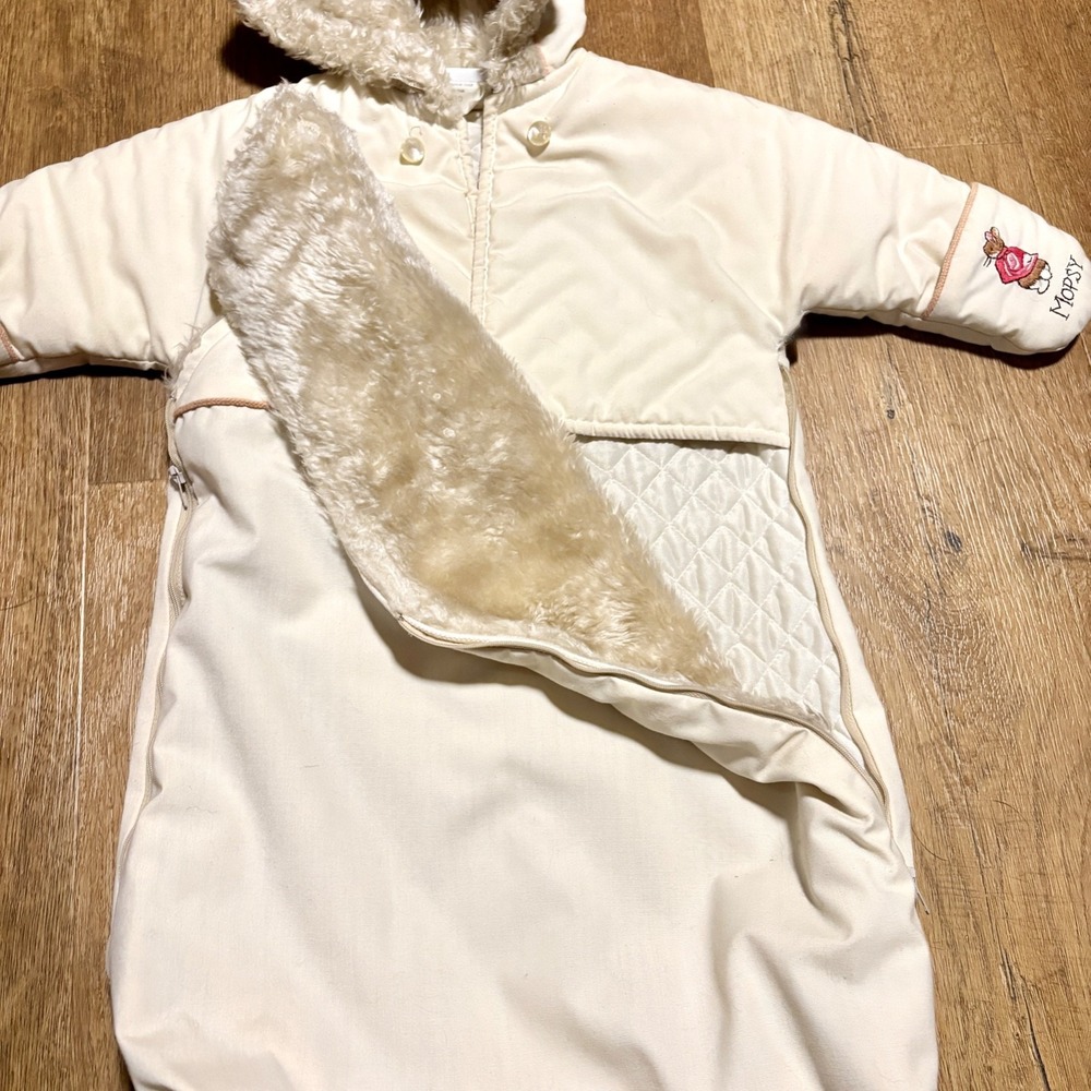 VTG Beatrix Potter Baby Bunting Snowsuit Peter Rabbit Embroidery Fur Hand Covers - Picture 7 of 13